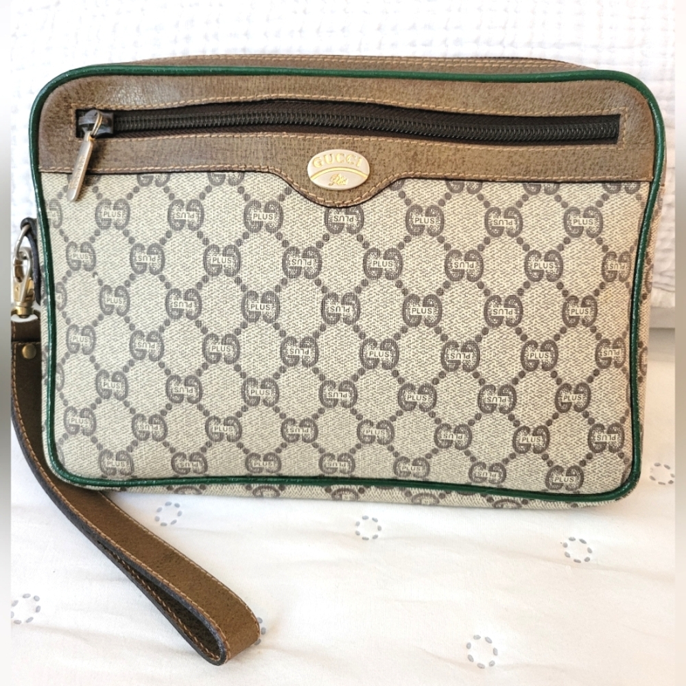 Vintage Gucci Plus Monogram Clutch Bag Custom Green Piping*READ*